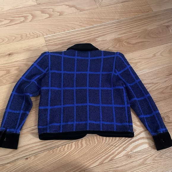 St John Marie Gray Zip Cardigan 6 Blue Check Plaid Knit Black Velvet Trim Pads - Picture 8 of 11